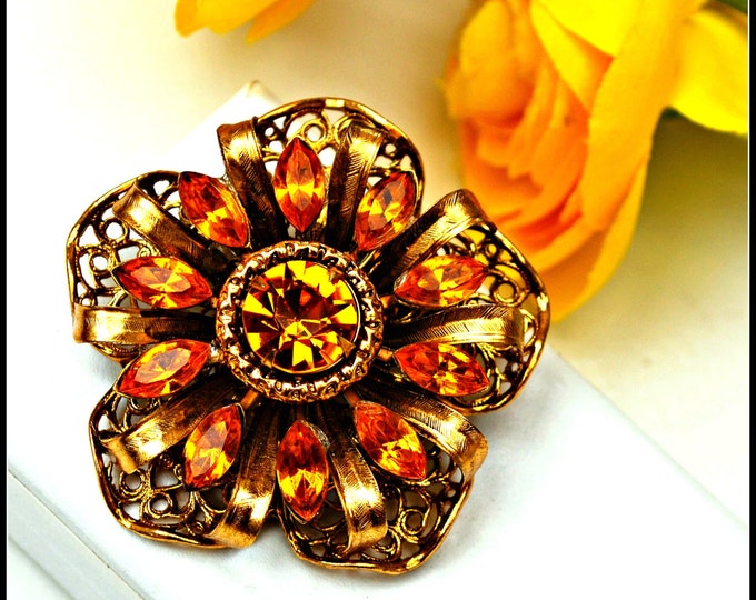 Rhinestone Brooch -Amber Orange Gold Filigree - flower pin