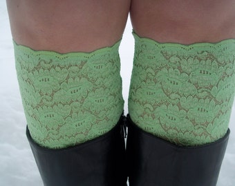 Green Lace Boot Cuff, Green Leg Warmers, Boot Toppers with Stretch Lace, Trim, for Women and Teens in green