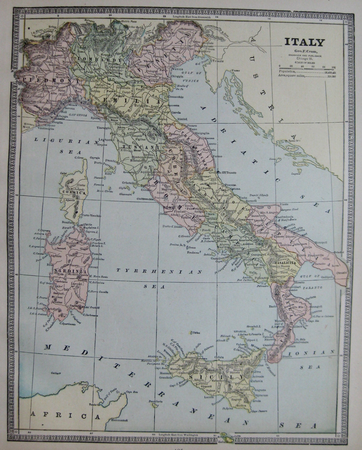 1886 Antique ITALY Map 1800's Vintage Atlas Map by plaindealing