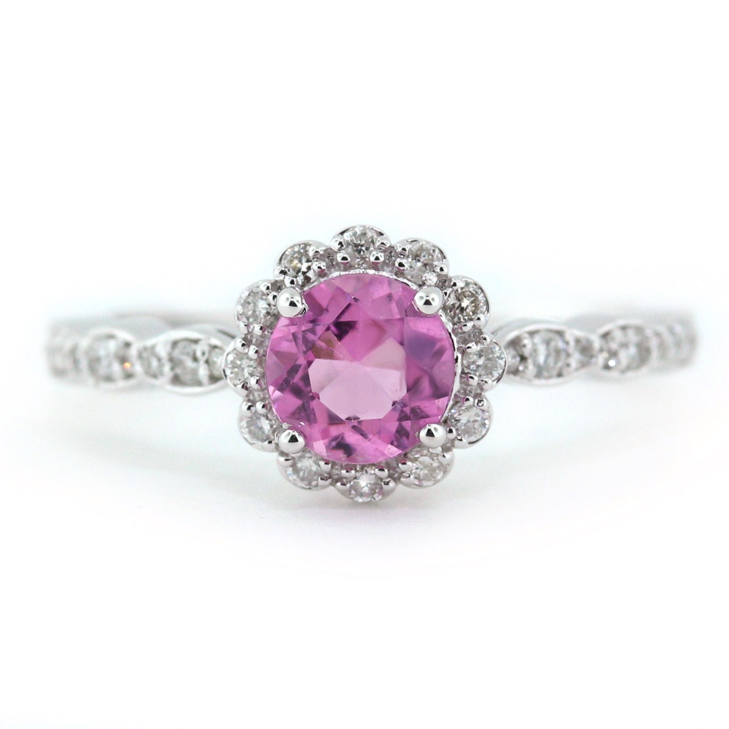 Pink Tourmaline Engagement Ring or Right Hand Ring 14k White