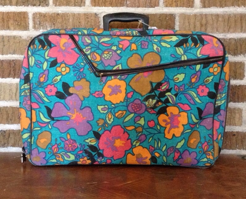SALE Teal Floral Suitcase // Vintage Luggage // by wanderVTG