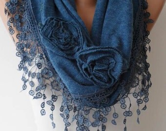 Christmas Gift - Turquoise Shawl Scarf with Rose - Headband - Knit Tricot Fabric Scarf with Trim Edge