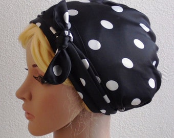 Black and White Polka Dot Head Scarf , Women's Headscarf, Retro Hair Scarf, Silky Head Wrap, Long Hair Snood, Jewish Head Cover