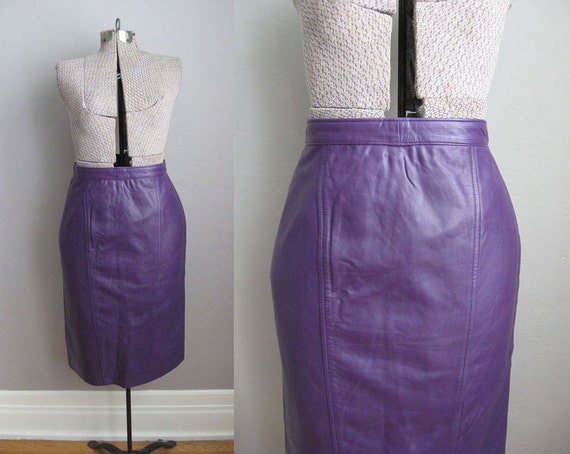 Vintage Purple Leather Skirt Eggplant Pencil Skirt  M