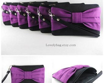 Set of 6 Wedding Clutches, Bridesmaids Clutches / Black with Eggplant Purple Bow Clutches - MADE TO ORDER