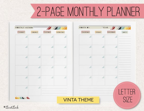Printable 2-page MONTHLY PLANNER VintaTheme by ListLab on Etsy