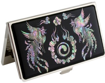 Nacre abalone shell Mother of pearl Business card holder credit ID card organizer case phoenix design #72