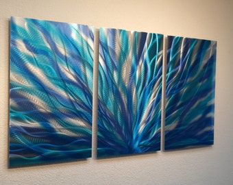 Metal Wall Art Decor Abstract Aluminum Contemporary Modern Sculpture Hanging Zen Textured - Radiance in Blue 47"