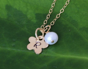 14k Gold fill Flower initial necklace,Tiny Flower girl necklace, personalized initial Flower Neckalce. Initial Flower, Flower girl