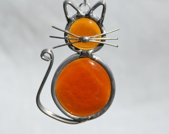 Stained Glass Amber Cat Ornament, Suncatcher