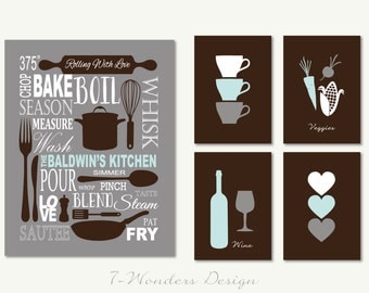 Personalized Kitchen Art Subway Style with Cups and Hearts Prints - Set of (5) - 5" x 7's" and 11" x 14" // Modern Kitchen Art Decor