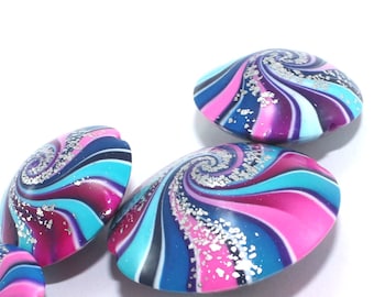 Focal beads in blue, purple and pinks with tiny silver dots, Polymer Clay beads, swirl lentil beads, Set of 5 unique beads