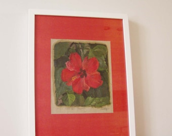 Red hibiscus painting, vintage, red hibiscus oil painting, red hibiscus orignal painting, oil on paper mounted on red paper, late eighties