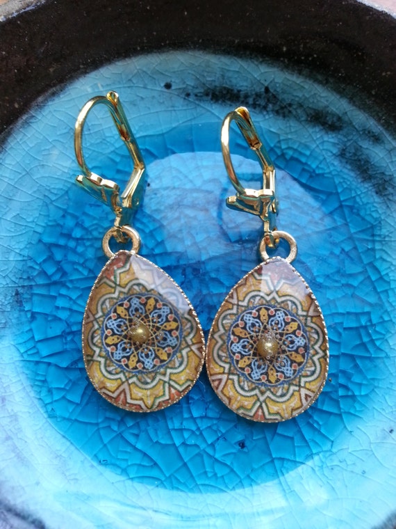 Items similar to Drop Earrings, Ornament Earrings, Gold Earrings, Resin