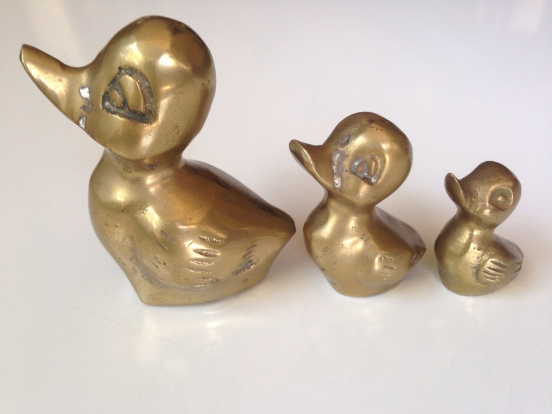 3 Vintage Brass Duck Figurines Family of Ducks