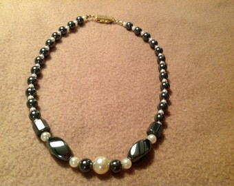 Vintage Hematite and Pearl Necklace