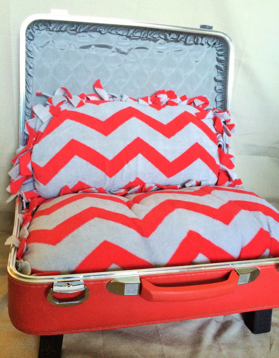 Upcycled Suitcase Pet Bed with Plush Fleece Pillows