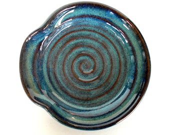 Blue-green spoon rest, Wheel thrown pottery, Kitchen sponge holder