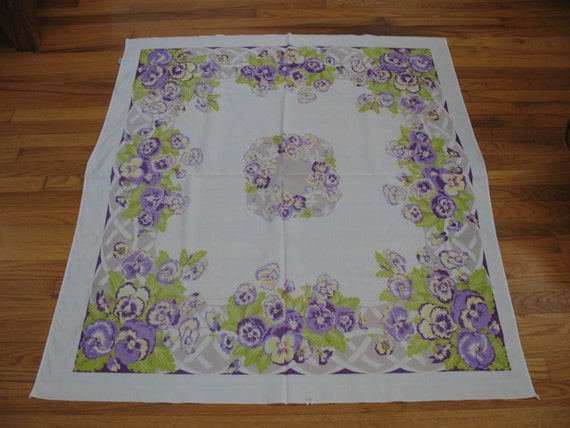 Vintage California Hand Print Tablecloth Purple Pansies