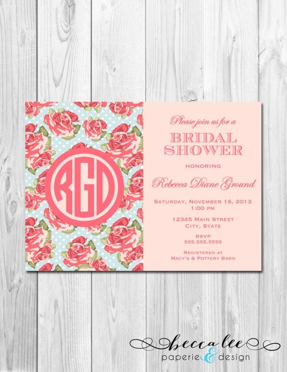 Bridal Shower Invitation - Circle Monogram - Half Big Floral - Pink and Blue - DIY - Printable Il_570xn