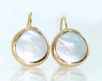 Coin Pearl Earrings, June Birthstone, Pearl,Gemstones Earrings, Pearl Dangle Earrings, Bezel Earrings, Simple Pearl Gold Earrings.