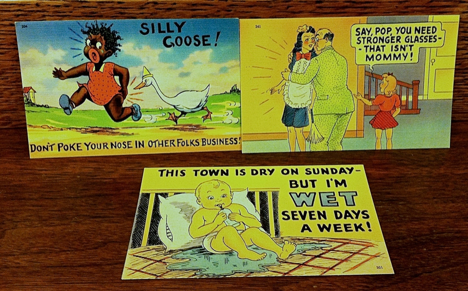 Three Humorous Vintage 1940s Postcards Unused Brightly