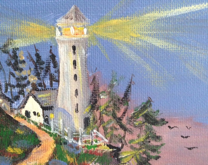 Beacon in the Storm - 9 x 12 acrylic lighthouse painting in a 12 x 16 wooden frame