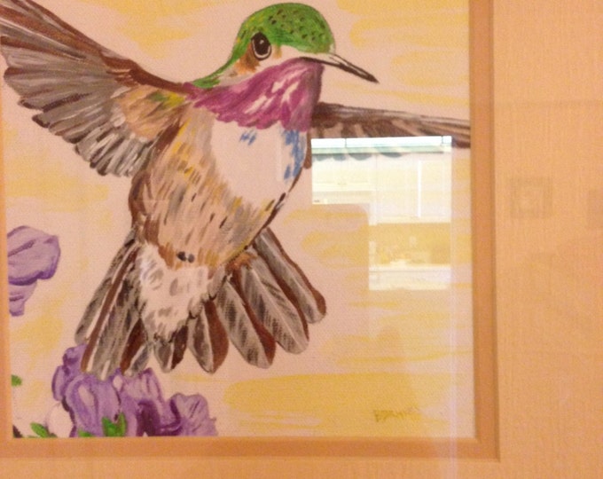 Hummingbird - 8 x8 acrylic canvas, green/yellow matte, 16 x 18 Purple Resin Frame