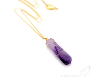 NATURAL Amethyst Healing Stone Crystal Point Bar, Lavender Dark Purple Colors may Vary, Chakra Zen Genuine Boho Gift for Her, Necklace