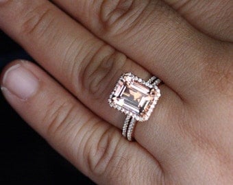 morganite rose gold engagement ring bridal ring set 14k rose gold peach pink morganite emerald cut - Emerald Cut Wedding Ring morganite rose gold engagement ring bridal ring set 14k rose gold peach pink morganite emerald cut - Emerald Cut Wedding Ring