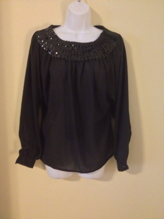 Vintage 1970's Womens black sequin sheer top by TheUpcycledGoddess