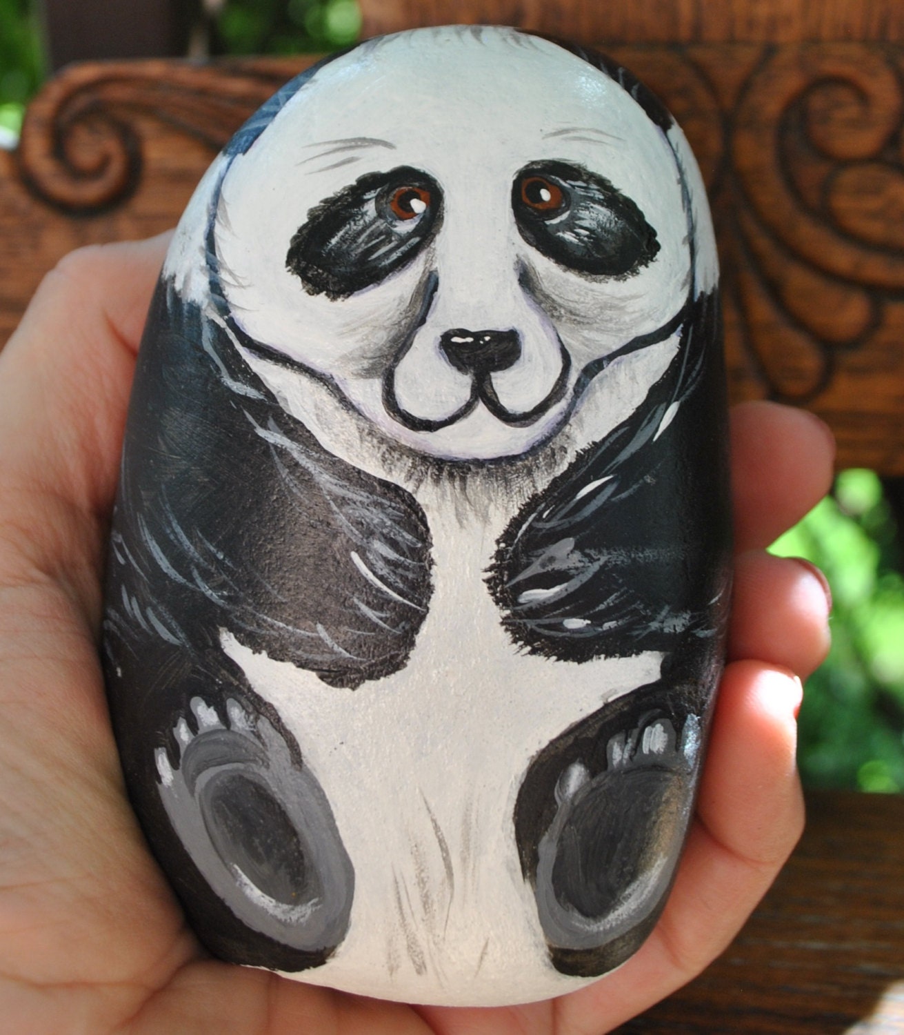 Panda Bear Painted Rock Garden Art Unique Interesting