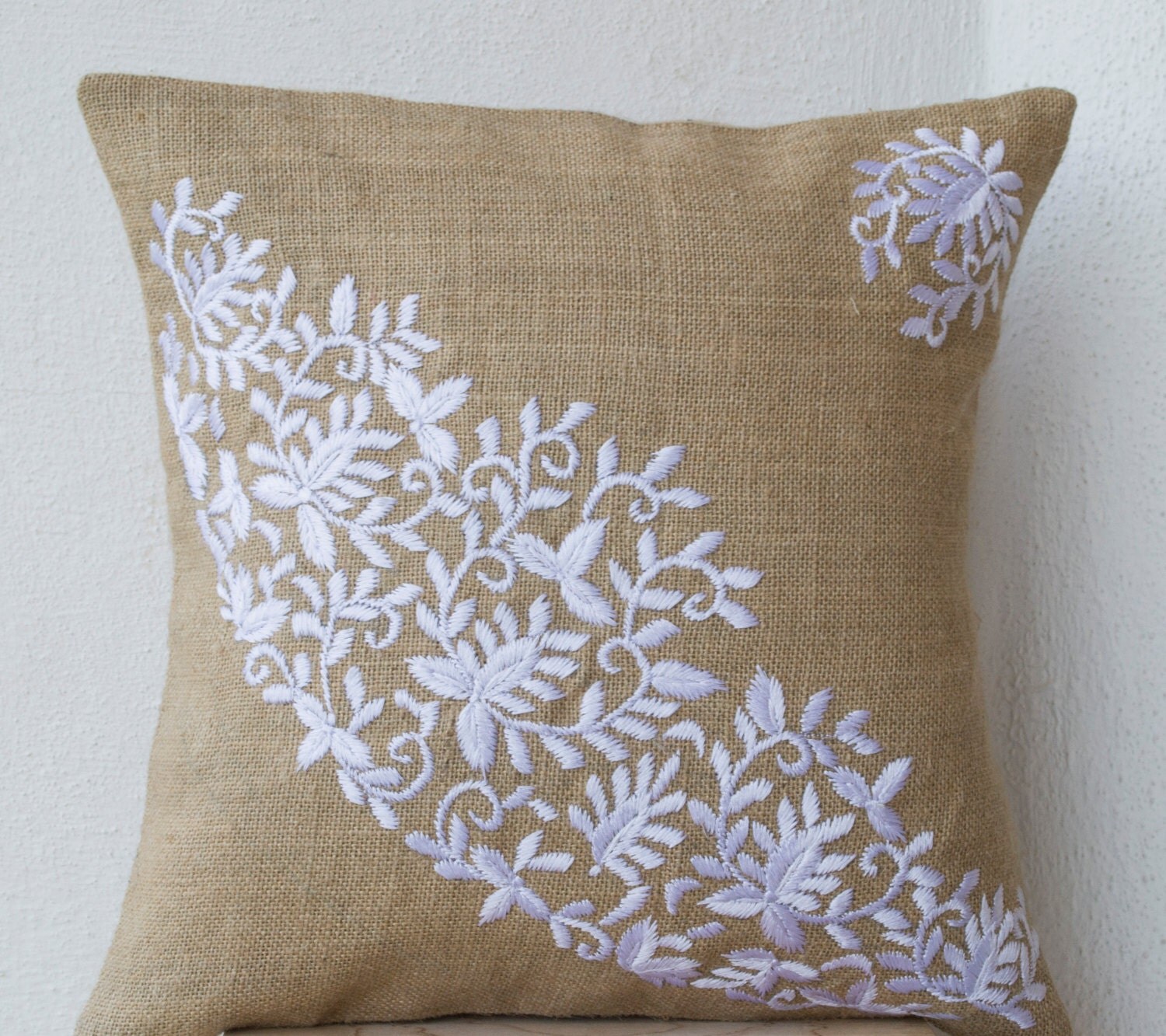 Burlap Pillows Embroidered Pillow White flower leaves