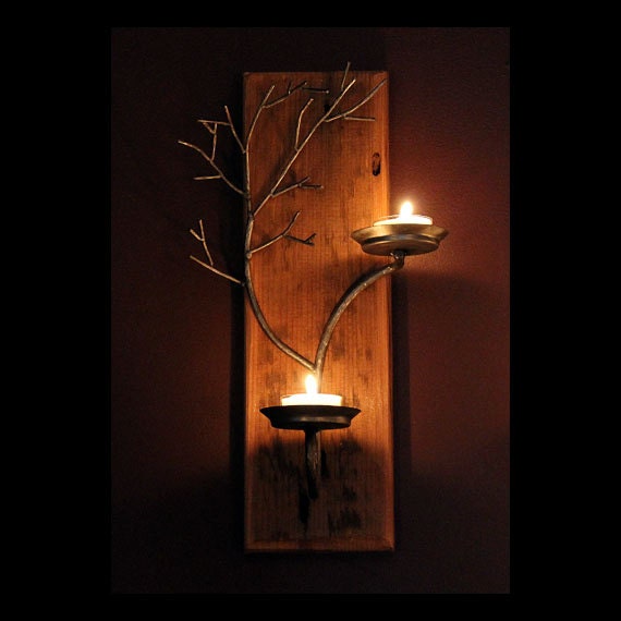 Left hand two candle metal tree sculpture wall sconce on