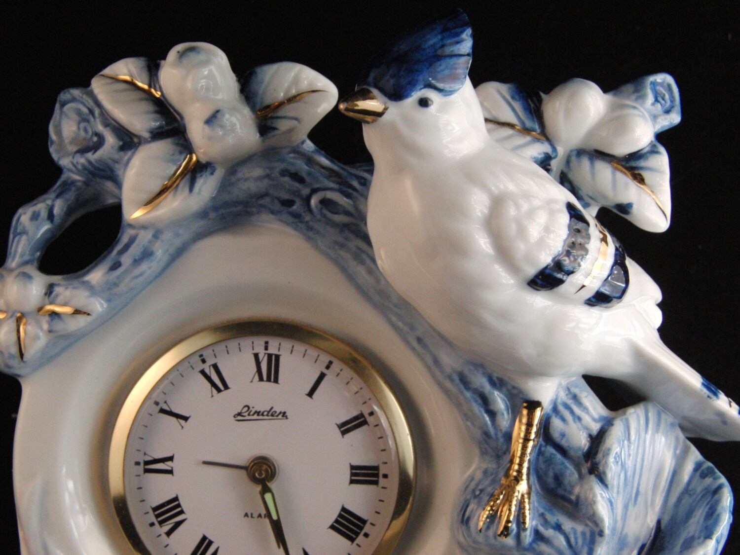 Vintage Porcelain Linden Mantel Clock White and Blue with Gold