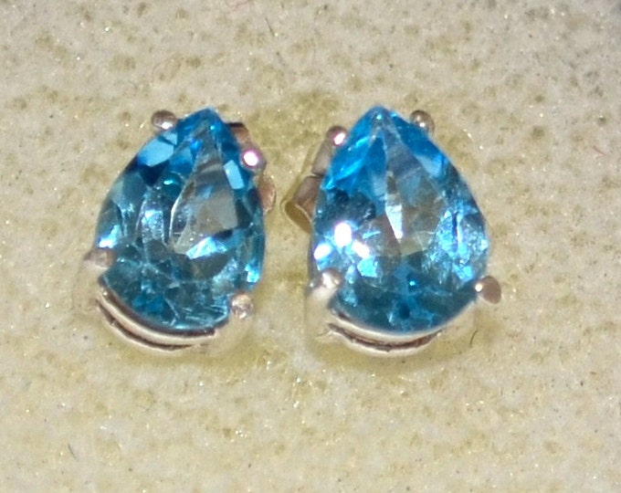 Swiss Blue Topaz Studs, 7x5mm Pear, Natural, Set in Sterling Silver E601