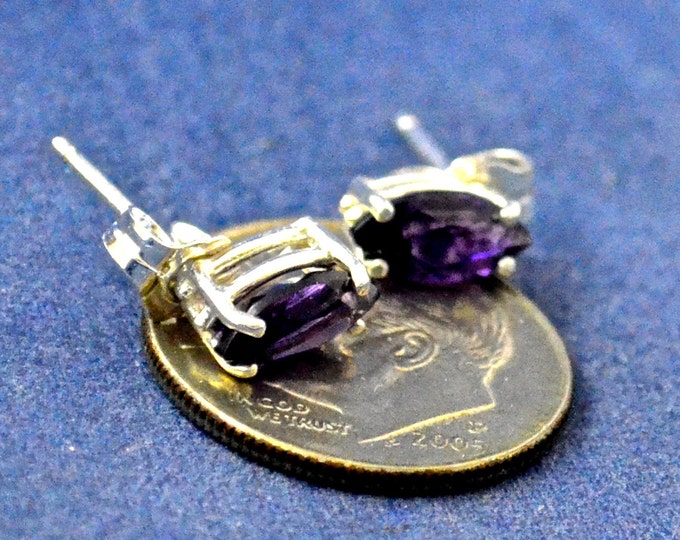 Amethyst Stud Earrings, 8x4mm Marquise, Natural, Set in Sterling Silver E631