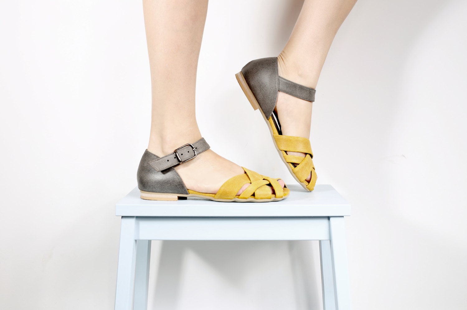 ADIKILAV yellow and gray Leather Sandals with peep toe, woven sandals ...