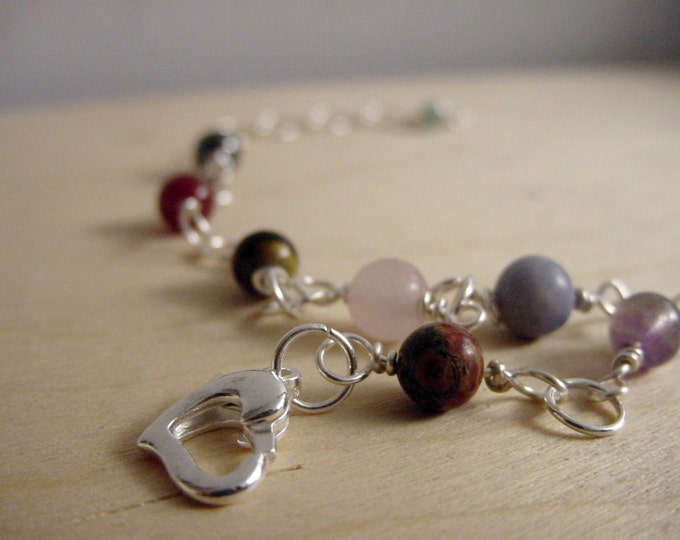7 Chakra Bracelet Gemstones, Heart Clasp, Reiki, Chakra Jewelry, Balance, Free US Shipping, Gift Idea