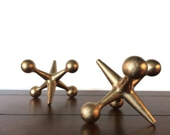 Gold Cast Iron Jacks Bookends ~ 2 Large Mid Century Modern Style Gold Office Decor ~ Jax Paperweights Doorstop or Industrial Retro Pop Art