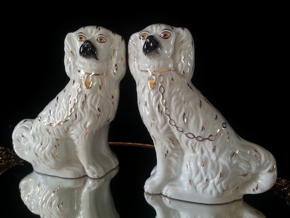2 Antique English Staffordshire Stoneware Pottery Dogs Set White Earthenware Mantle Dog Pair England