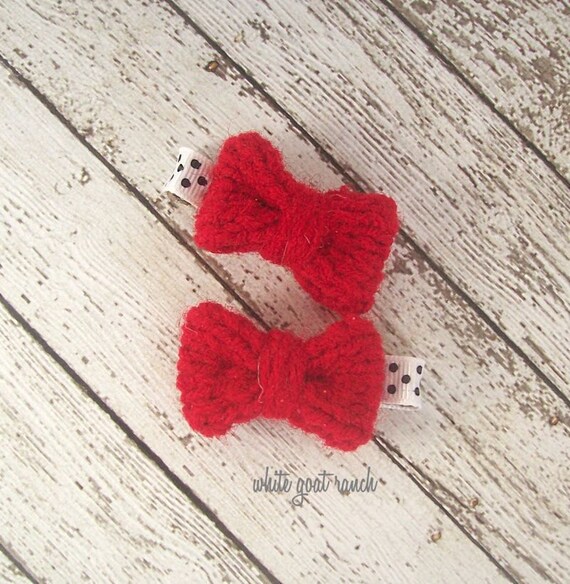 Items similar to Cherry Red Tiny Bow Hair Clips Handmade Hand Knit Hair