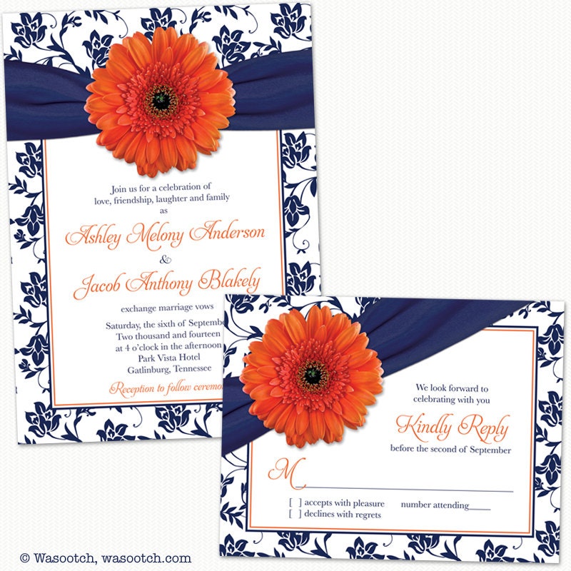 Orange Daisy Navy Blue Damask Floral Ribbon Wedding Invitation