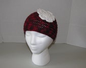 SALE - Red Crochet Beanie Hat with White Flower