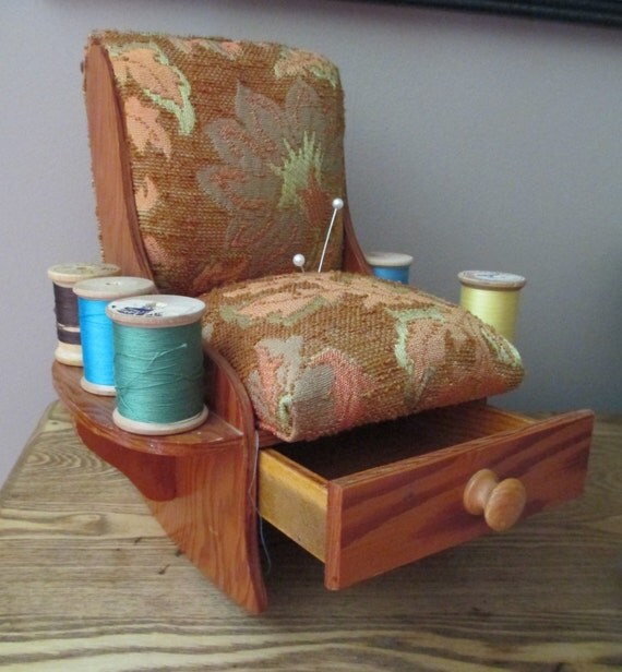 Vintage Handmade Pin Cushion Rocking Chair Old Wooden Thread
