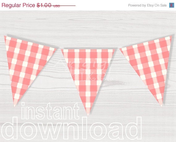 WEEKEND SALE 50 % OFF printable pennant banner in peach pink plaid pattern kids birthday party baby girl shower printable instant download P Il_570xn