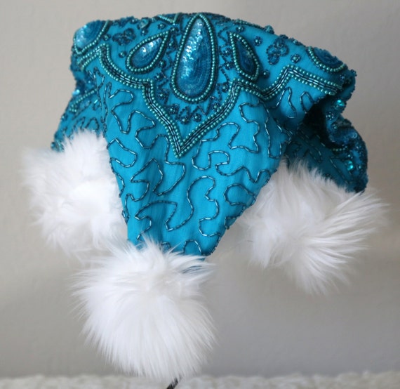santa hat upscaled full bead teal teal beaded hat with santa hat upscaled full bead teal teal beaded hat with