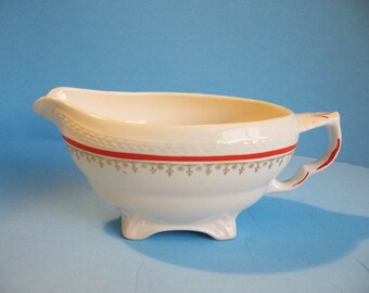 Gravy Server,Crown Potteries Gravy Boat, Creamy white with red and gold trim, Sauce Server
