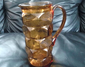 Vintage Mid Century Modern Amber Geometric 6 Sided Tall Water Pitcher cubist