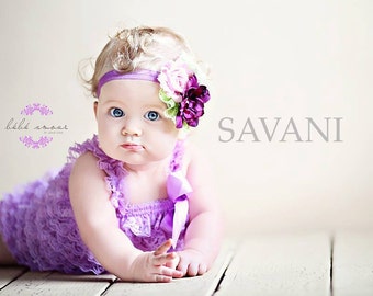 Baby girl romper,3 pcs lavender romper, headband and clip on a sash. Petti Romper Set.Lace Petti Romper Photo Prop,Flower girl lace outfit,